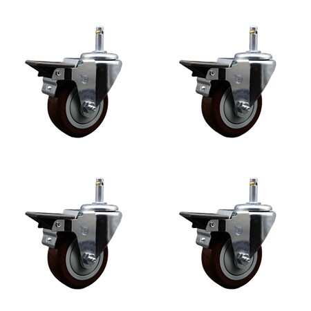 Service Caster 3.5'' Maroon Poly Swivel 7/16'' Grip Ring Stem Caster Set with Brake, 4PK SCC-GR20S3514-PPUB-MRN-PLB-716138-4